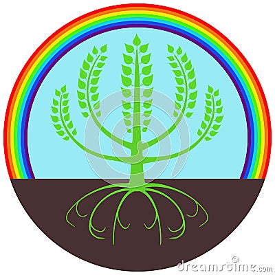 Green tree under rainbow Vector Illustration