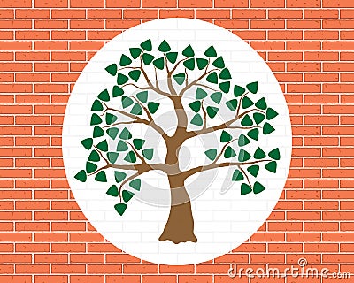 Green tree, wood, brick orange wall, decoration Vector Illustration