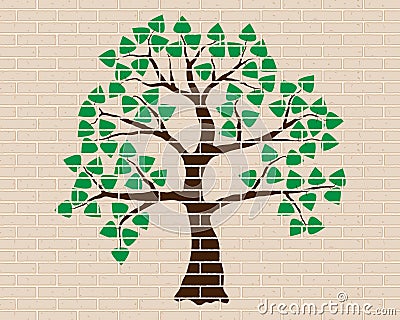 Green tree, wood, brick wall, decoration Vector Illustration