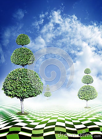 Green trees, blue sky with clouds and abstract fantasy checkerboard floor Stock Photo