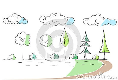Green Trees Hand Draw Park Simple Line Stock Vector - Image: 61887981