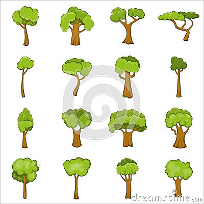 Green trees icons set, cartoon style Vector Illustration