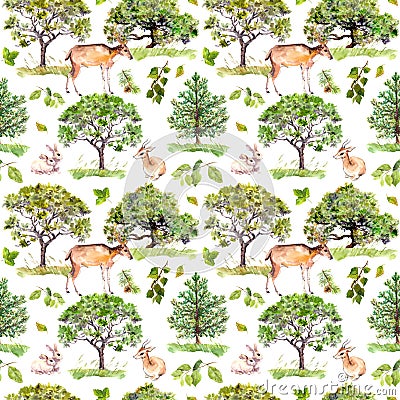 Green trees. Park, forest pattern with forest animals - deer, rabbits, antelope. Seamless background. Watercolor pattern Stock Photo
