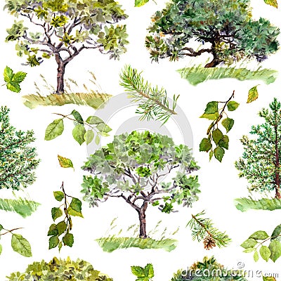 Green trees. Park, forest pattern. Repeating background. Watercolor Stock Photo