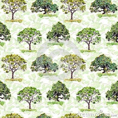 Green trees. Park, forest repeating pattern. Background with green leaves. Watercolor Stock Photo