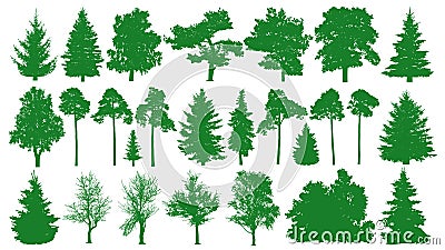 Green trees set. White background. Silhouette of a coniferous forest. Fir-tree, fir, pine, birch, oak, bush, branch. Vector Illustration