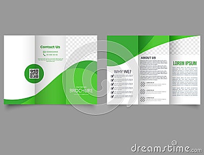 Green trifold brochure with waves. Summer design. Business flyer template with text. Vector Illustration