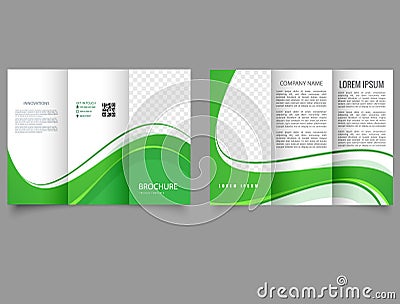 Green trifold brochure with waves. Spring flyer design. Corporate business trifold brochure template. Stock Photo