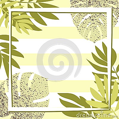 Green tropical leaves with frame. Striped background Vector Illustration