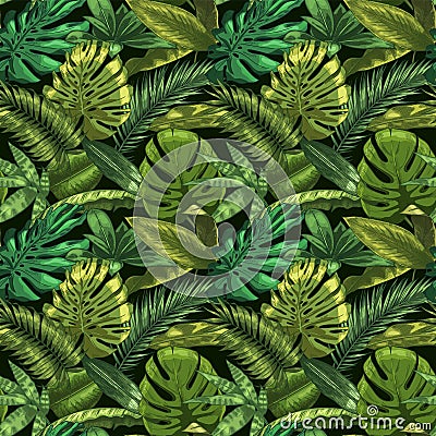 Green tropical leaves seamless pattern. Color monstera and tropic palm leafs, botanical garden floral vector Vector Illustration