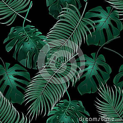 Green tropical palm leaves and monstera. Jungle thickets. Seamless floral pattern. Isolated on a black background Vector Illustration