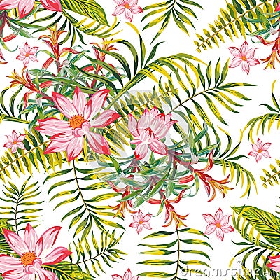 Green tropical seamless pattern white background Vector Illustration