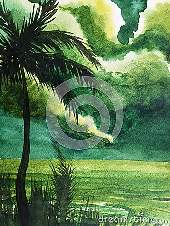 Green tropical storm watercolor illustration Cartoon Illustration