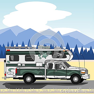 Green truck with camper Vector Illustration