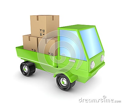 Green truck with a carton boxes. Stock Photo