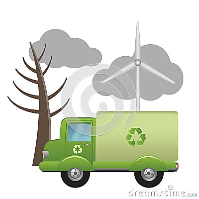 Green truck of recycling on ecological landscape Vector Illustration