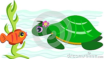 Green Turtle and Orange Fish Vector Illustration