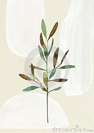 Green twig, golden leaf, beige paper grain background. Stock Photo