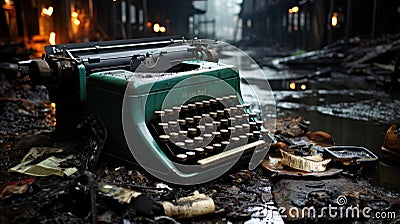 A green typewriter sitting on top of a pile of trash. Generative AI image. Stock Photo