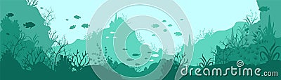 Green underwater world silhouette background. Deep seaweed corals growing on rocks and hills tropical fish. Vector Illustration