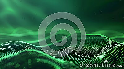 Green undulating waves composed of numerous small, glowing dots create a dynamic, digital landscape. Stock Photo