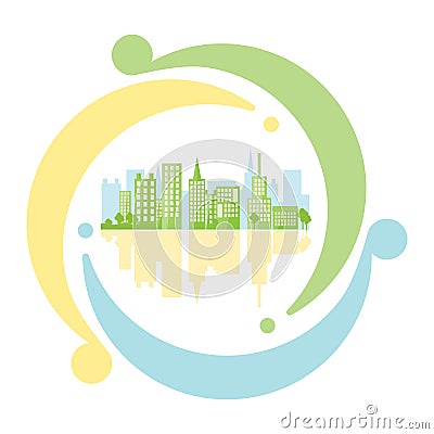 Green urban inside icon recycling in flat style. Eco-friendly ci Stock Photo