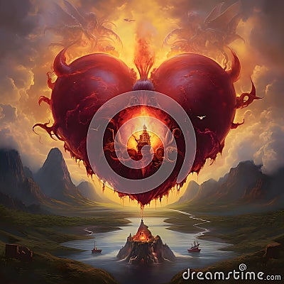 Green valley with a lake in the middle a big red heart with horns against a background of f Vector Illustration