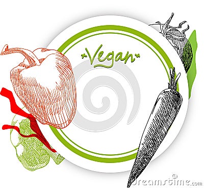 Vegan round background with vegetables. Vector Illustration