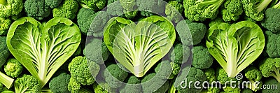 green vegetables background. Heart shape by vegetables. Green vegetables and leafy food background of fresh garden produce, Stock Photo