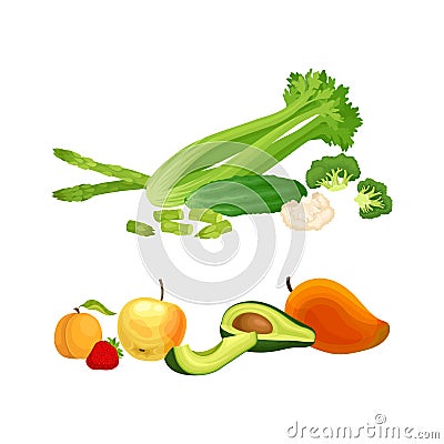 Green Vegetables with Celery and Cucumber and Fruit with Mango and Avocado Vector Set Vector Illustration