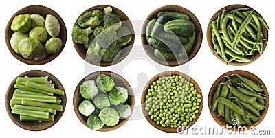 Green vegetables isolated on a white. Set of green vegetablees on a white background. Top view. Broccoli, green peas, cucumbers, z Stock Photo