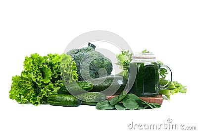 Green vegetables and smoothies from vegetables isolated Stock Photo