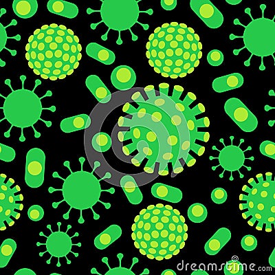Green vibrant cartoon virus and bacteria cells under microcope on black. colorful microbiology seamless pattern, vector Vector Illustration