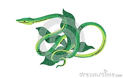 Green vine snake in leaves. Exotic poison serpent with long slender body. Tropical venomous reptile from jungle Vector Illustration