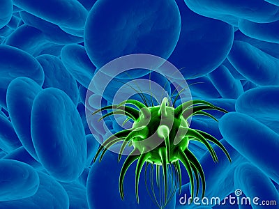 Green virus on blue cells - 3D illustration Cartoon Illustration