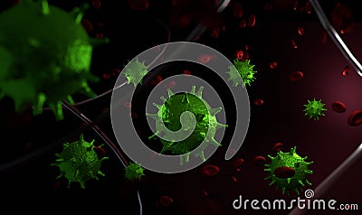 Green virus molecula and red blood cells 3d render Cartoon Illustration