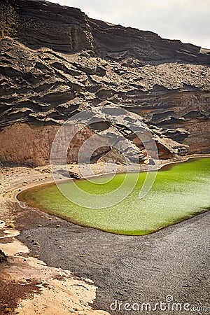 Green volcanic lake Charco de los Clicos at Lanzarote Stock Photo