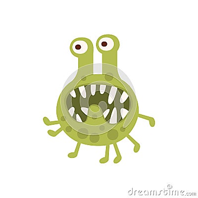 Green Walking Aggressive Malignant Bacteria Monster With Sharp Teeth Cartoon Vector Illustration Vector Illustration