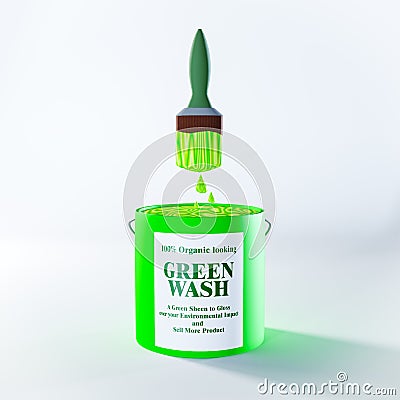 Green Wash paint tin and brush, eco greenwashing to gloss over environmental impact Cartoon Illustration