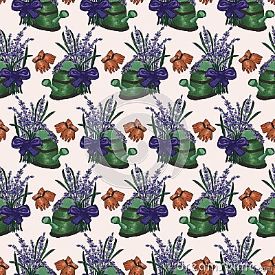 Green water can and lavender in a seamless pattern design Stock Photo