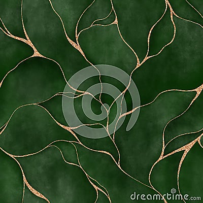 green watercolor background with golden line and Liquid marble texture. Seamless pattern abstract leaf. Modern Stock Photo