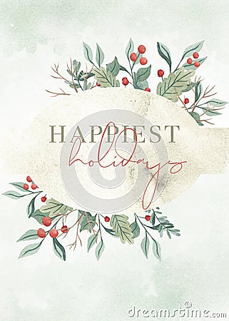 Green Watercolor Foliage Christmas Happiest Holiday Card Stock Photo