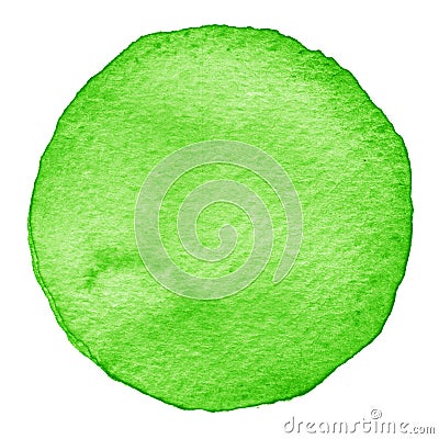 Green watercolor circle. Stain with paper texture. Design element isolated on white background. Hand drawn abstract template Stock Photo