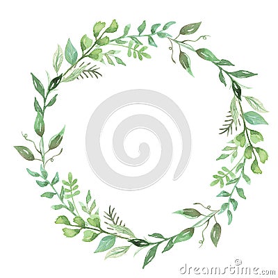 Green Watercolor Flower Hand Painted Leaf Garland Floral Wreath Stock Photo