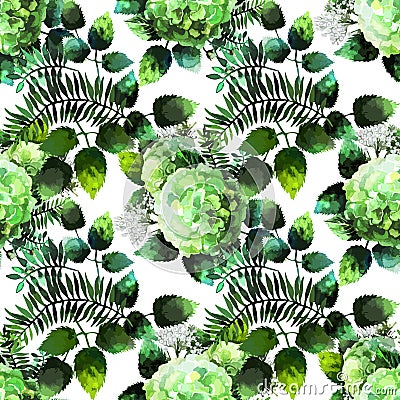 Green watercolor hydrangea pattern Vector Illustration