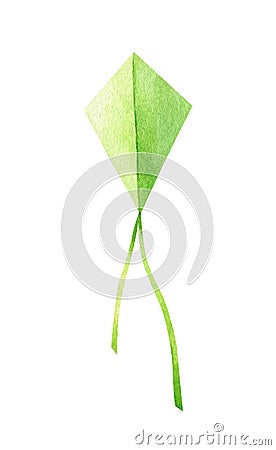 Green watercolor kite isolated on white background. Cartoon Illustration