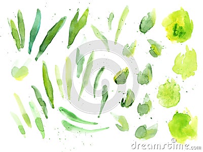 Green watercolor splash texture. Hand drawn yellow and green blots drawing vector art. Vector Illustration