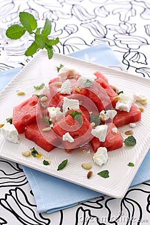 Green watermelon feta salad Stock Photo