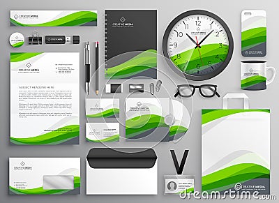 green wavy business stationery set template design for your bran Vector Illustration