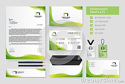 Green wavy Corporate Identity template. Business Stationery Template Design vector Vector Illustration